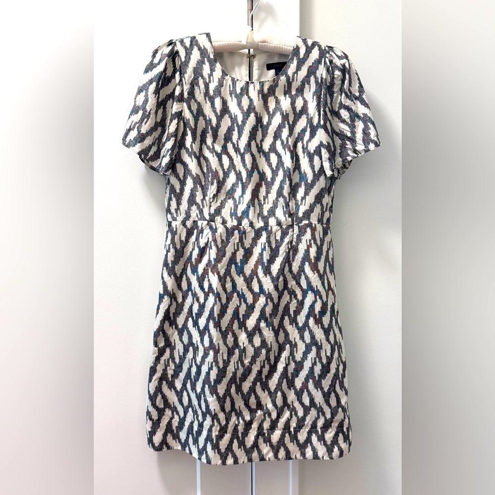 J. Crew Silk Gray and White Flutter sleeve IKAT dress